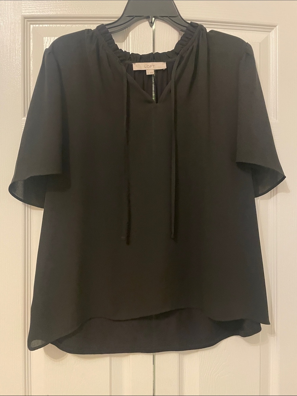LOFT Black Ruffle Tie-Neck Short Sleeve Blouse